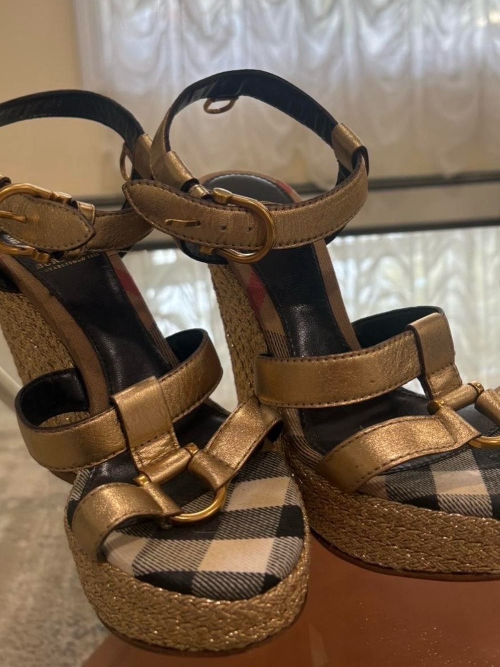 Burberry Metallic Gold Platform Sandals with Check Insole